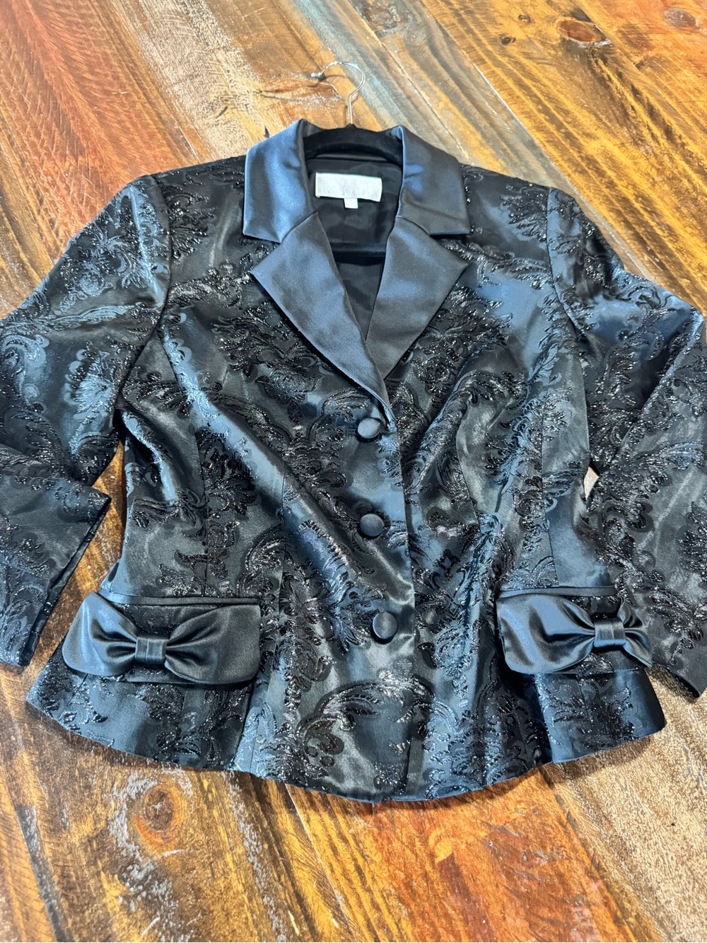 Badgley Mischka Black Embellished Satin-Trim Blazer with Bow Accents